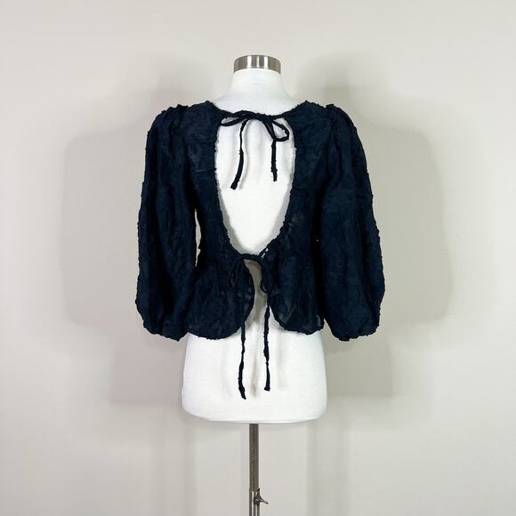 NEW Free People | Callie Puff Sleeve Flocked Open Tie Back Peplum Crop Top XS - Picture 8 of 12